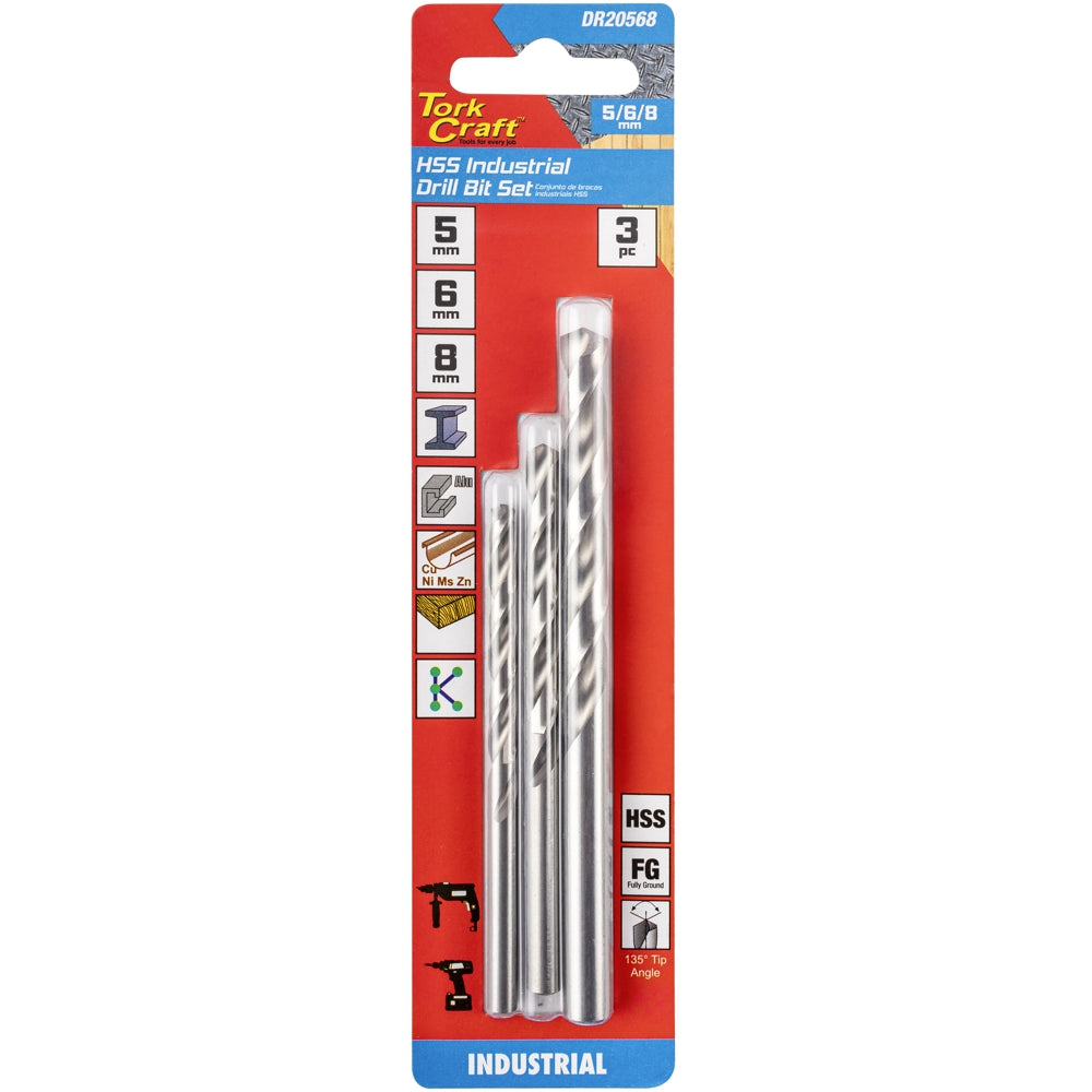 Tork Craft Industrial HSS Drill Bit Set 3pc 5mm, 6mm and 8mm