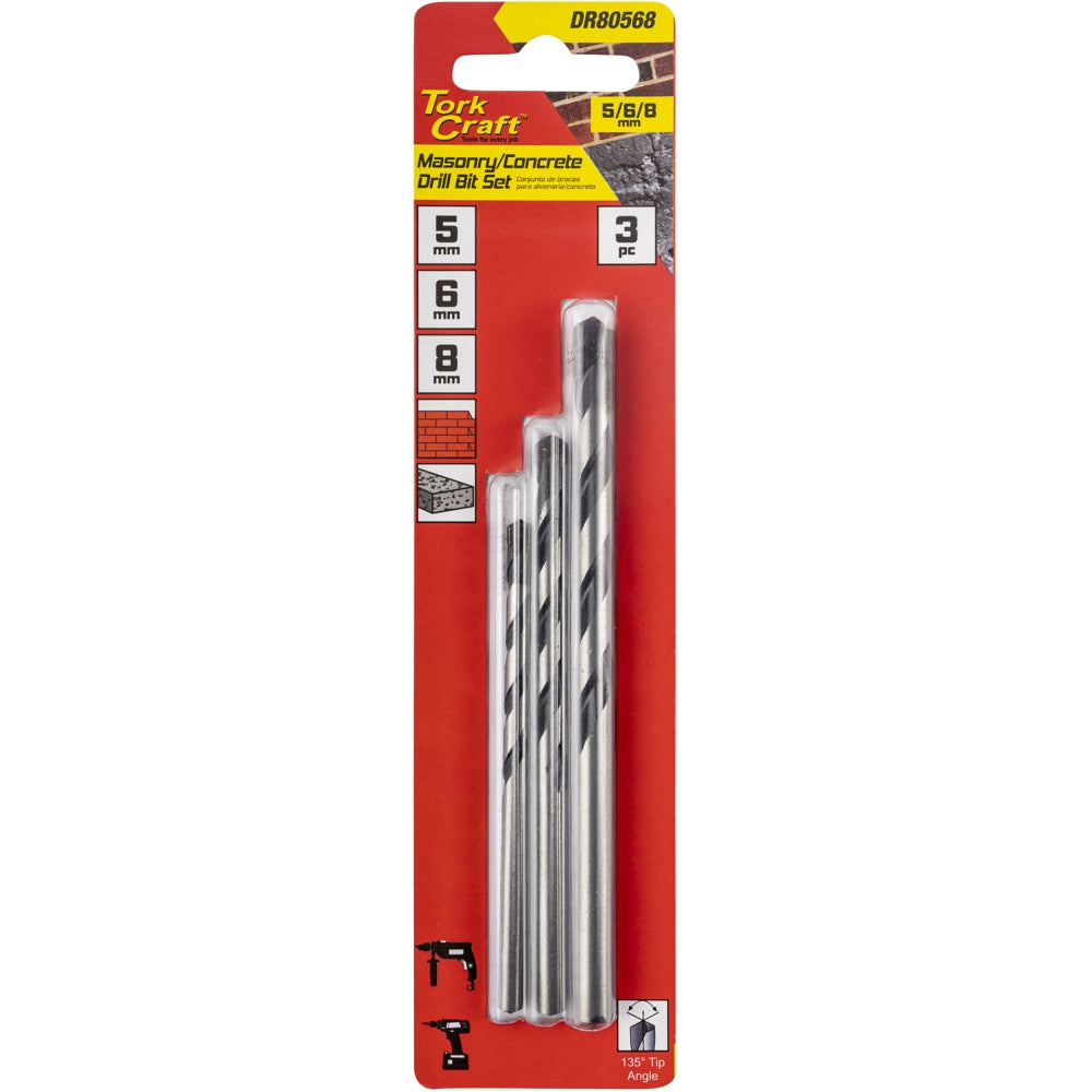 Tork Craft Masonry Drill Bit 3pc Set 5mm, 6mm and 8mm