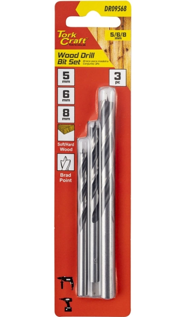 Tork Craft Wood Drill Bit 3pc Set 5,6 & 8mm